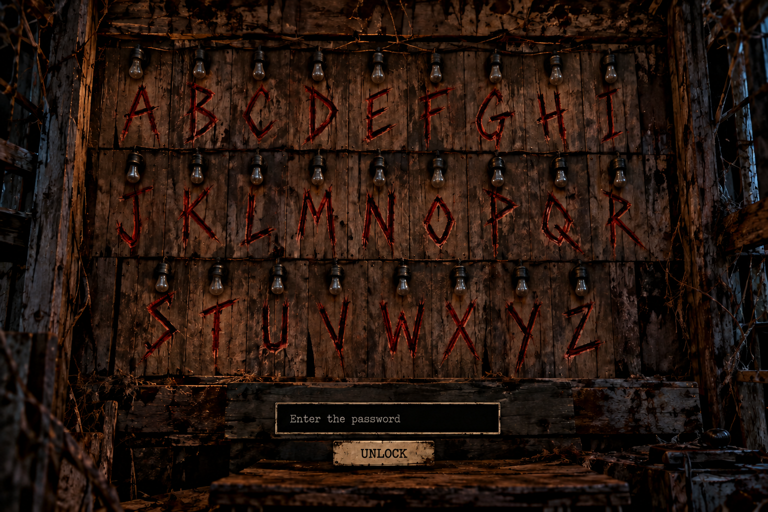 Blood-red letters carved into a rotten wooden wall